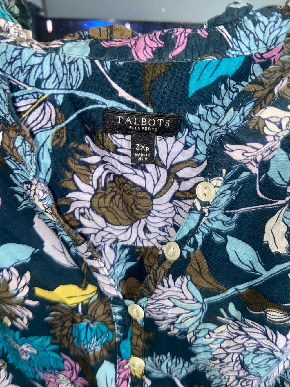 Talbots Navy Floral Button-Front Blouse with Multicolor Blooms - Picture 2 of 2